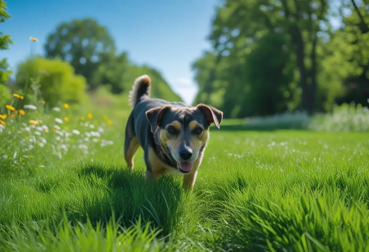 A happy dog gently eating grass in a green field with trees and wildflowers.