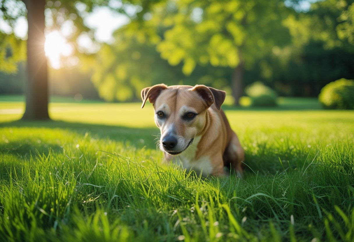 A healthy dog gently eating grass in a green park on a sunny day.