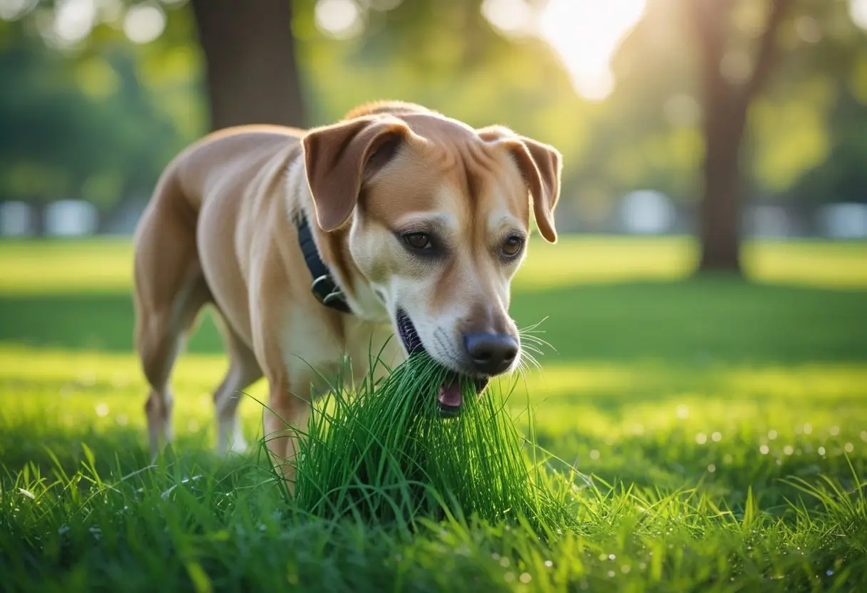 A healthy dog chewing on grass in a green park with trees and sunlight.