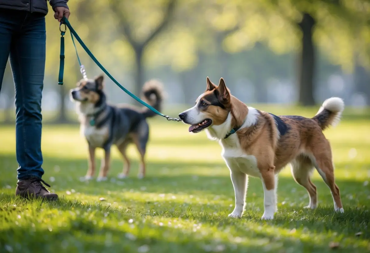 A dog on a leash looking attentively at another dog in a park with trees and grass.