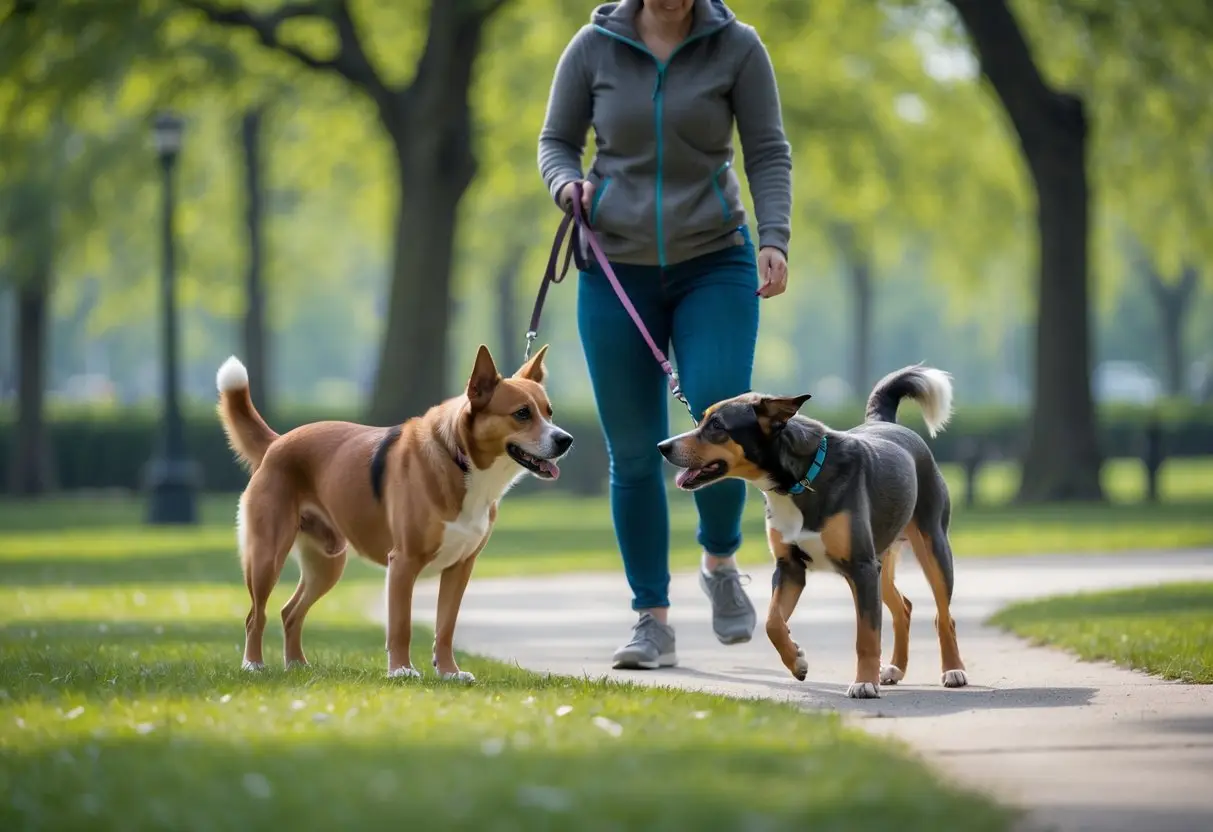 A dog on a leash reacting to another dog in a park with trees and a walking path.