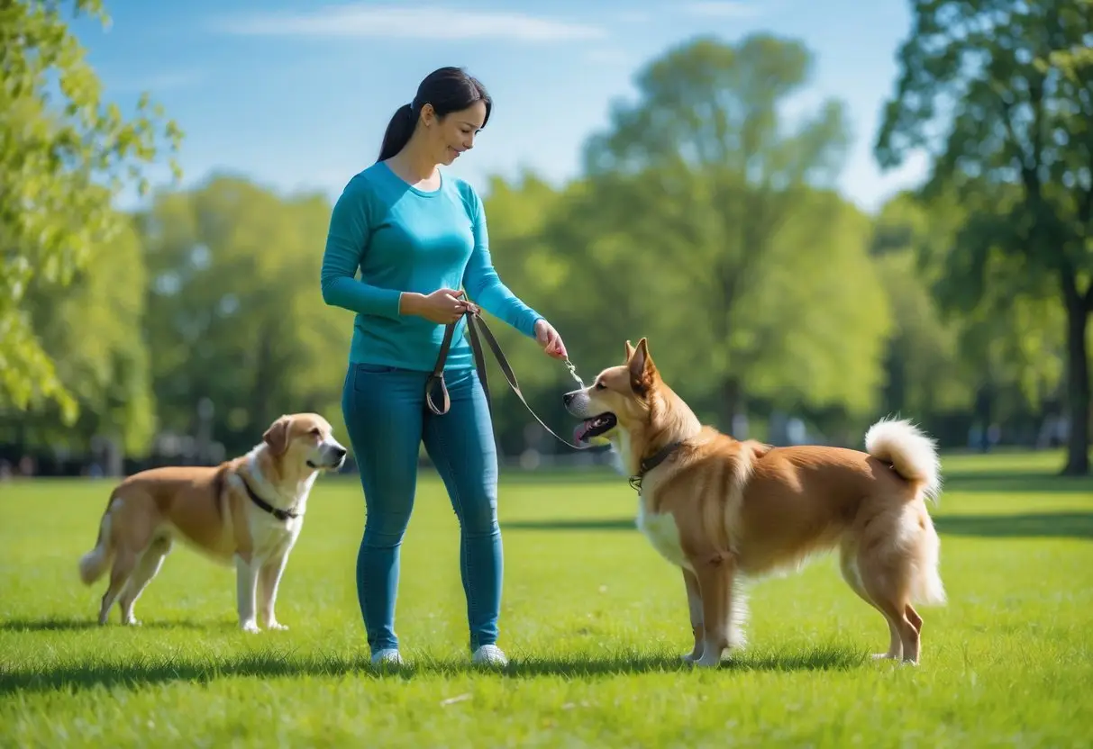 A person calmly managing their dog on a leash in a park while another dog stands nearby at a distance.