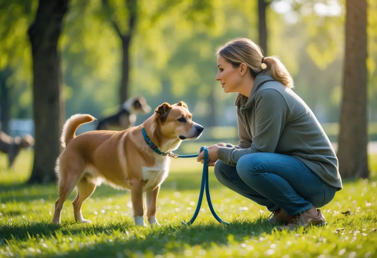 A dog owner kneeling in a park holding their dog on a leash while the dog looks towards another dog nearby.