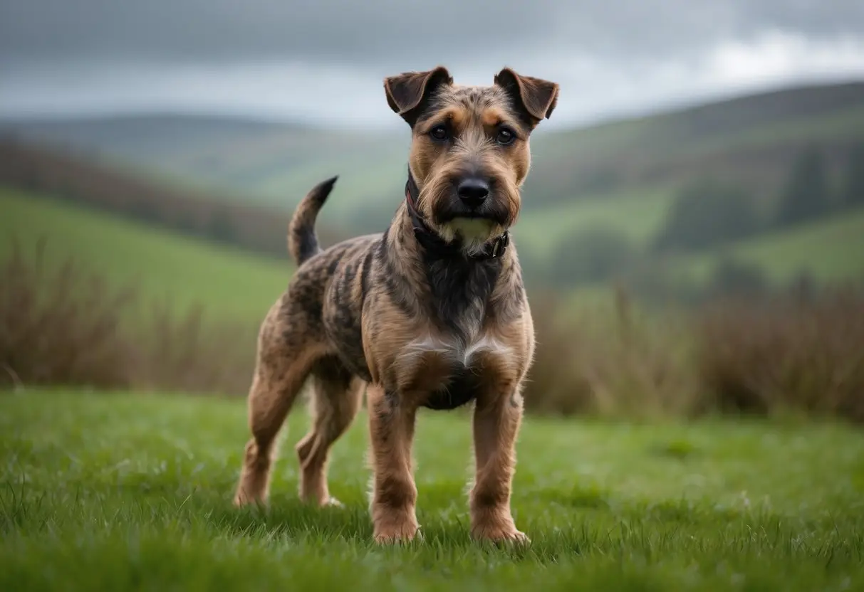 A Glen of Imaal Terrier standing on green grass with rolling hills and cloudy skies in the background.