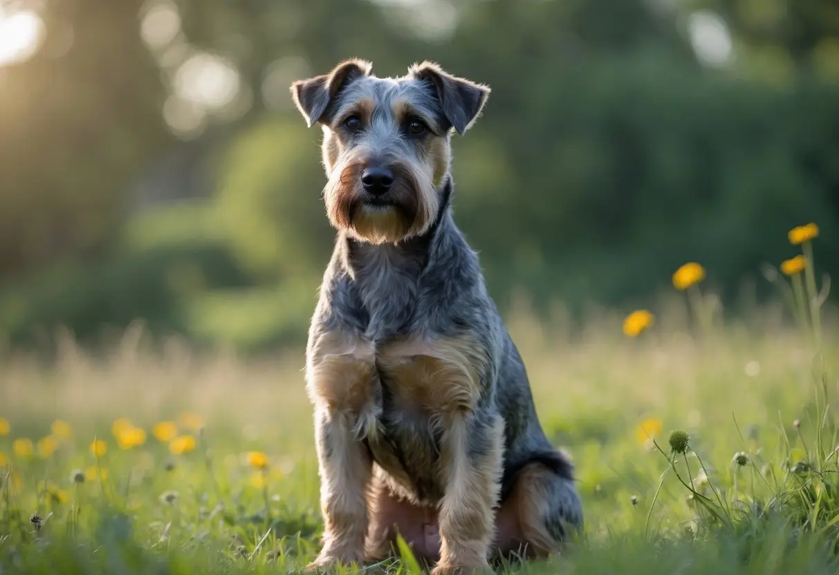A Glen of Imaal Terrier sitting outdoors on grass with a calm and attentive expression.