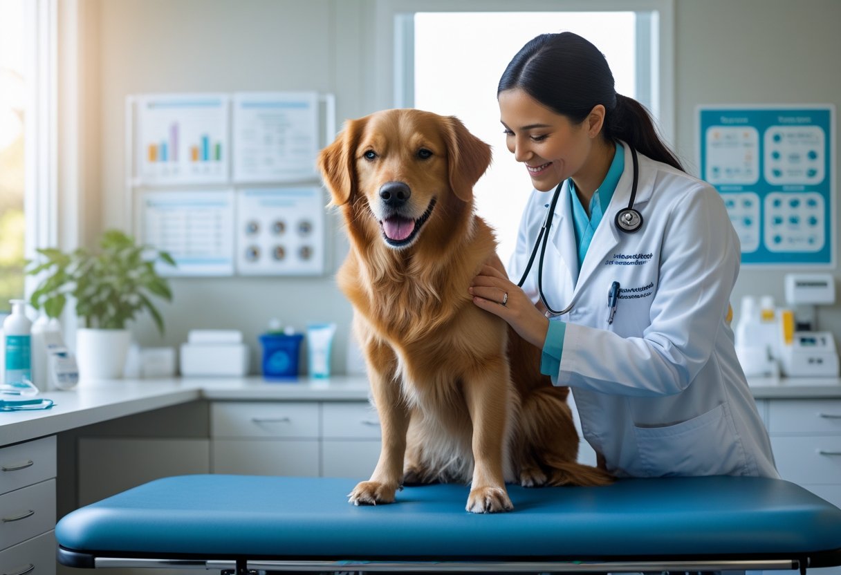 A golden retriever sitting on a veterinary examination table being gently examined by a veterinarian in a bright clinic.