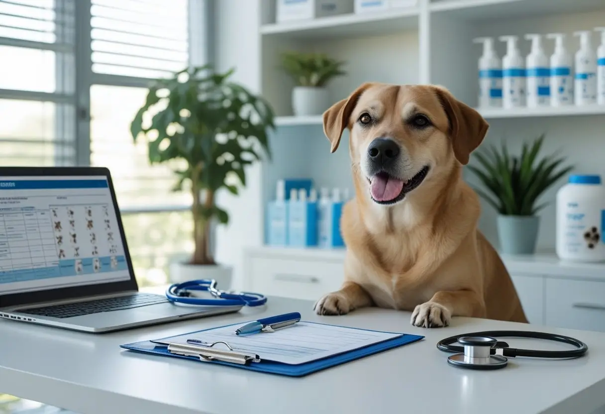 A healthy dog sitting next to a clipboard and medical items on a desk in a veterinary clinic office.