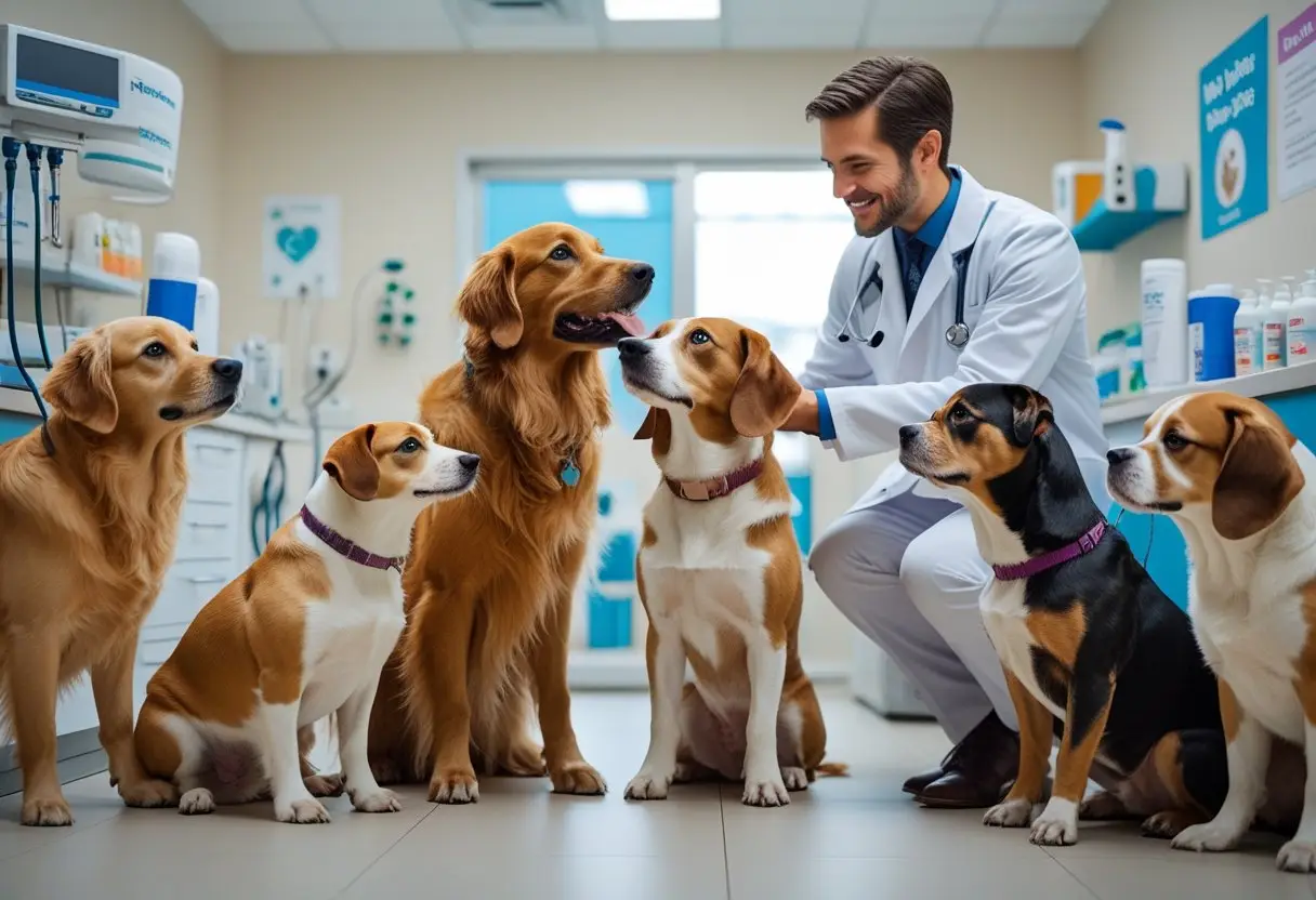 Several dogs of different breeds being examined by a veterinarian in a bright veterinary clinic.