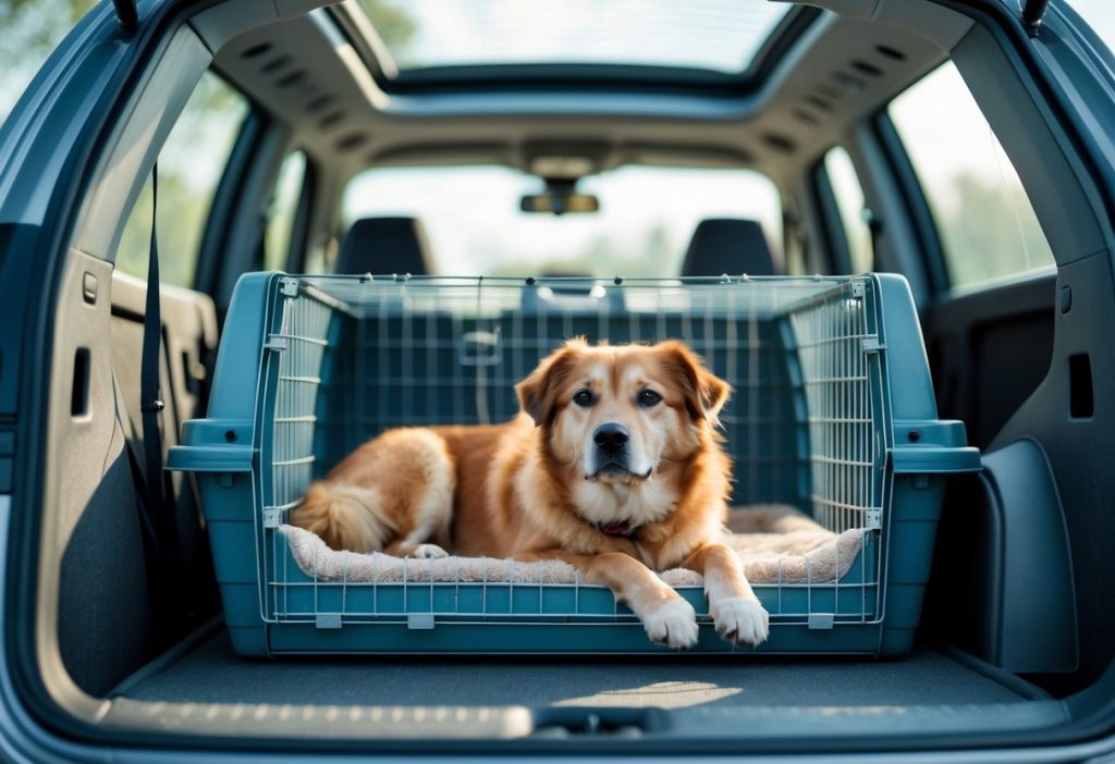dog in crate in pet taxi