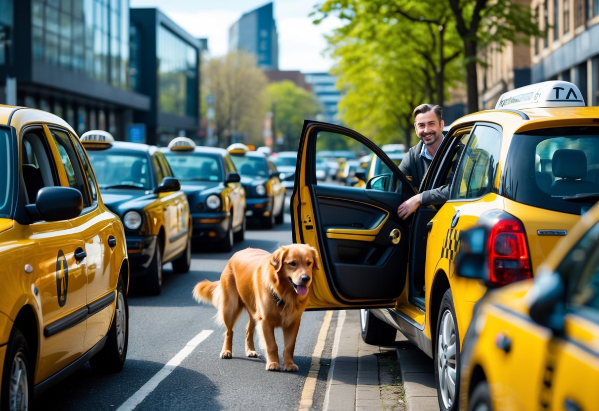 A street in Sheffield with taxis parked and a golden retriever entering one of the vehicles while the driver smiles.