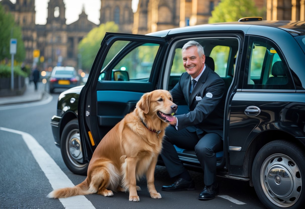 A black taxi in Sheffield with an open door showing a dog sitting inside and a driver smiling at the dog.