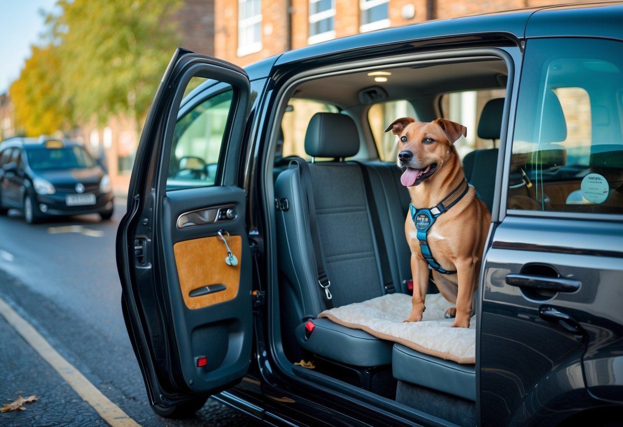 A dog sitting comfortably inside the back seat of a taxi parked on a street in Sheffield.