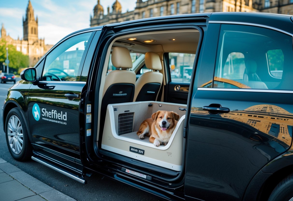 A black taxi with an open door showing a comfortable dog crate inside, parked on a street in Sheffield with buildings and greenery in the background.