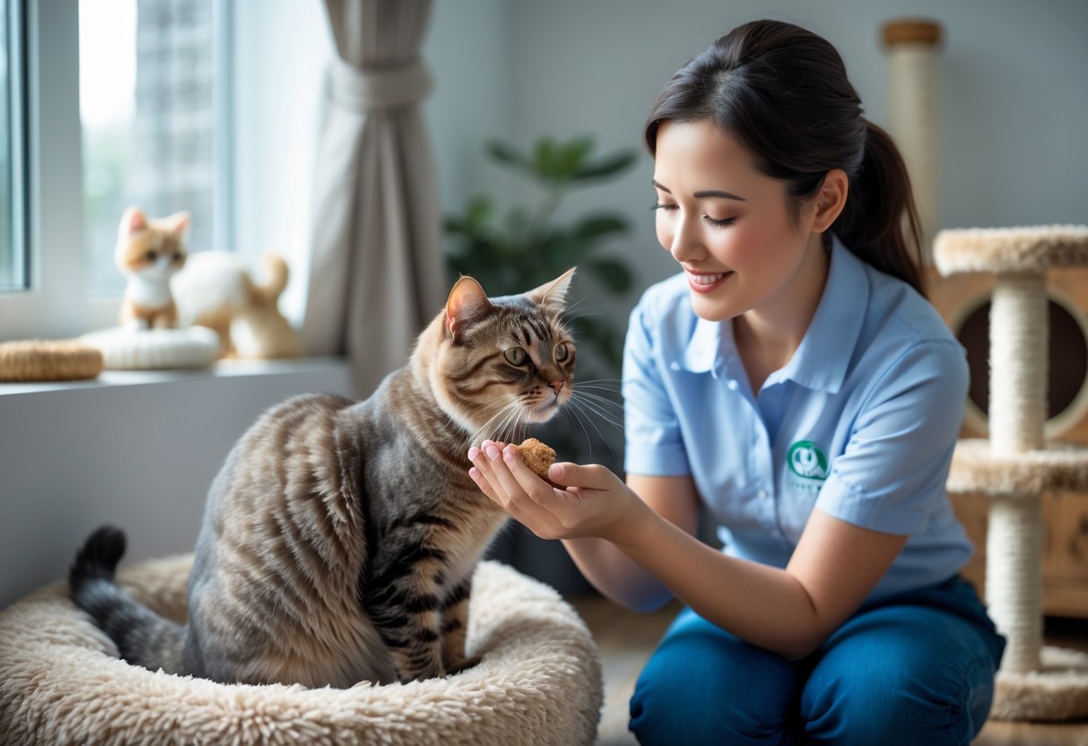 A friendly cat sitter gently petting a relaxed domestic cat in a bright and cosy home setting.