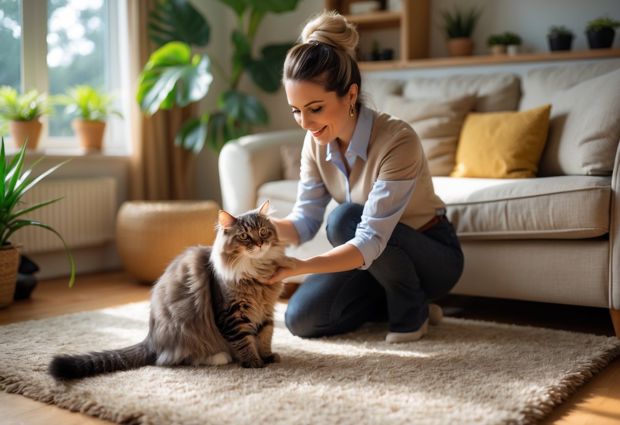 A professional cat sitter gently petting a relaxed cat in a cosy living room with natural light and home decor.
