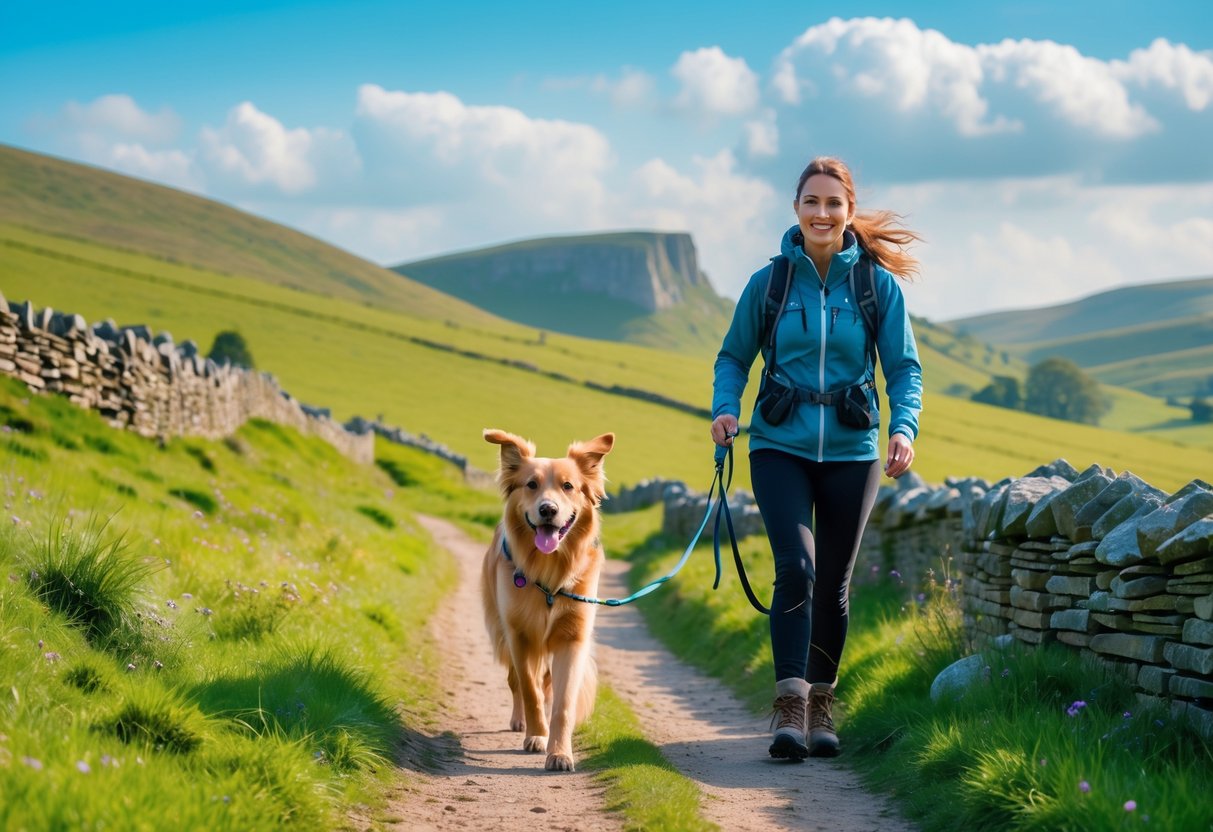 A dog walking on a countryside trail in the Peak District with its owner, surrounded by green hills and stone walls under a blue sky.