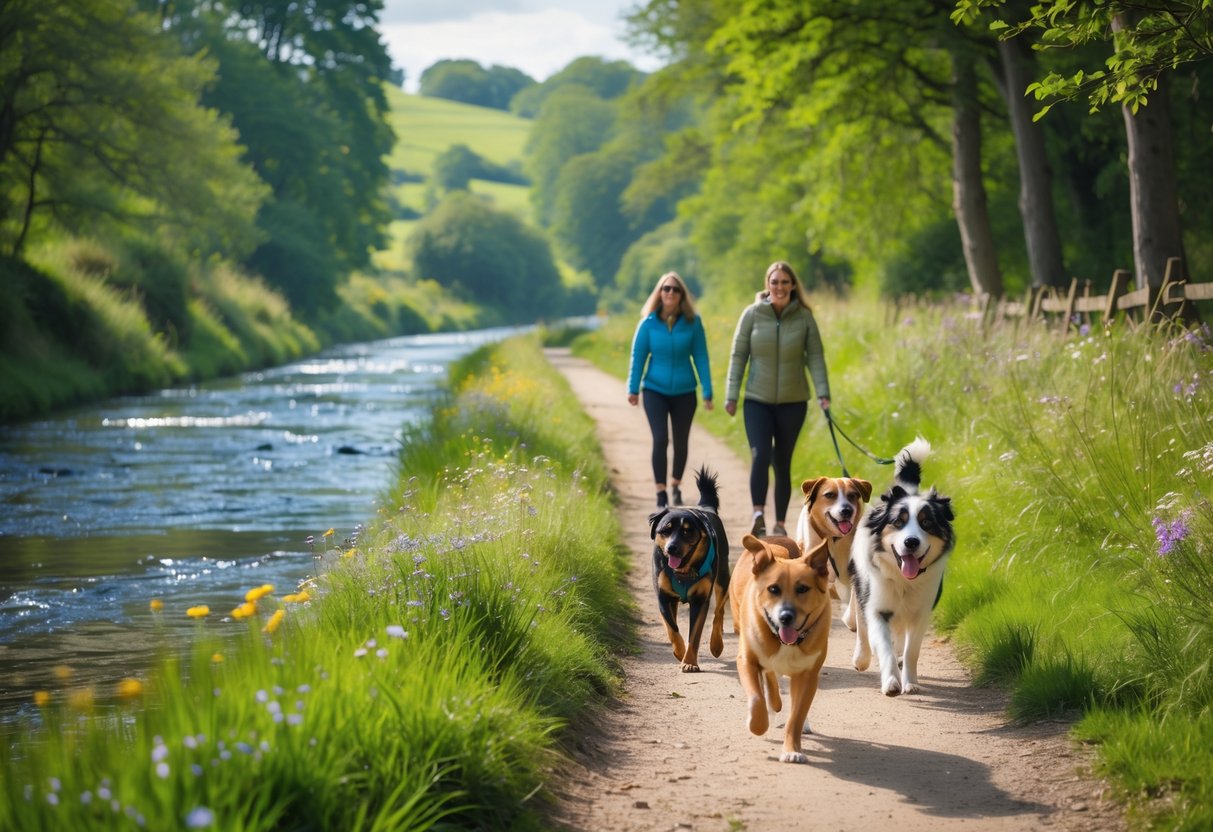 Riverside walking path with dogs and their owners enjoying a walk along a trail surrounded by trees and greenery.