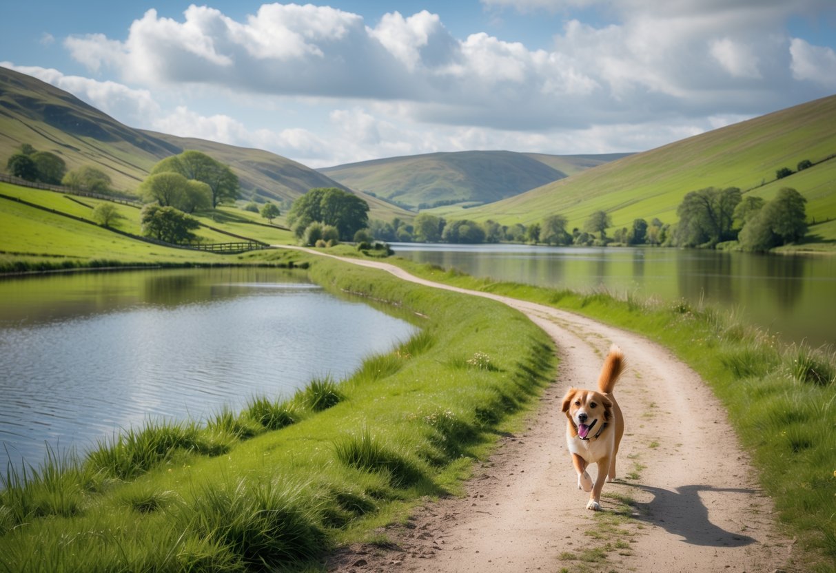 A dog running off-lead along a path beside Ladybower Reservoir, surrounded by green hills and calm water under a partly cloudy sky.