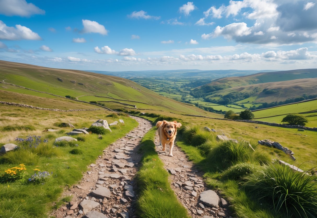 A dog walking along a rocky path on a green hillside with rolling hills and valleys in the background under a blue sky.