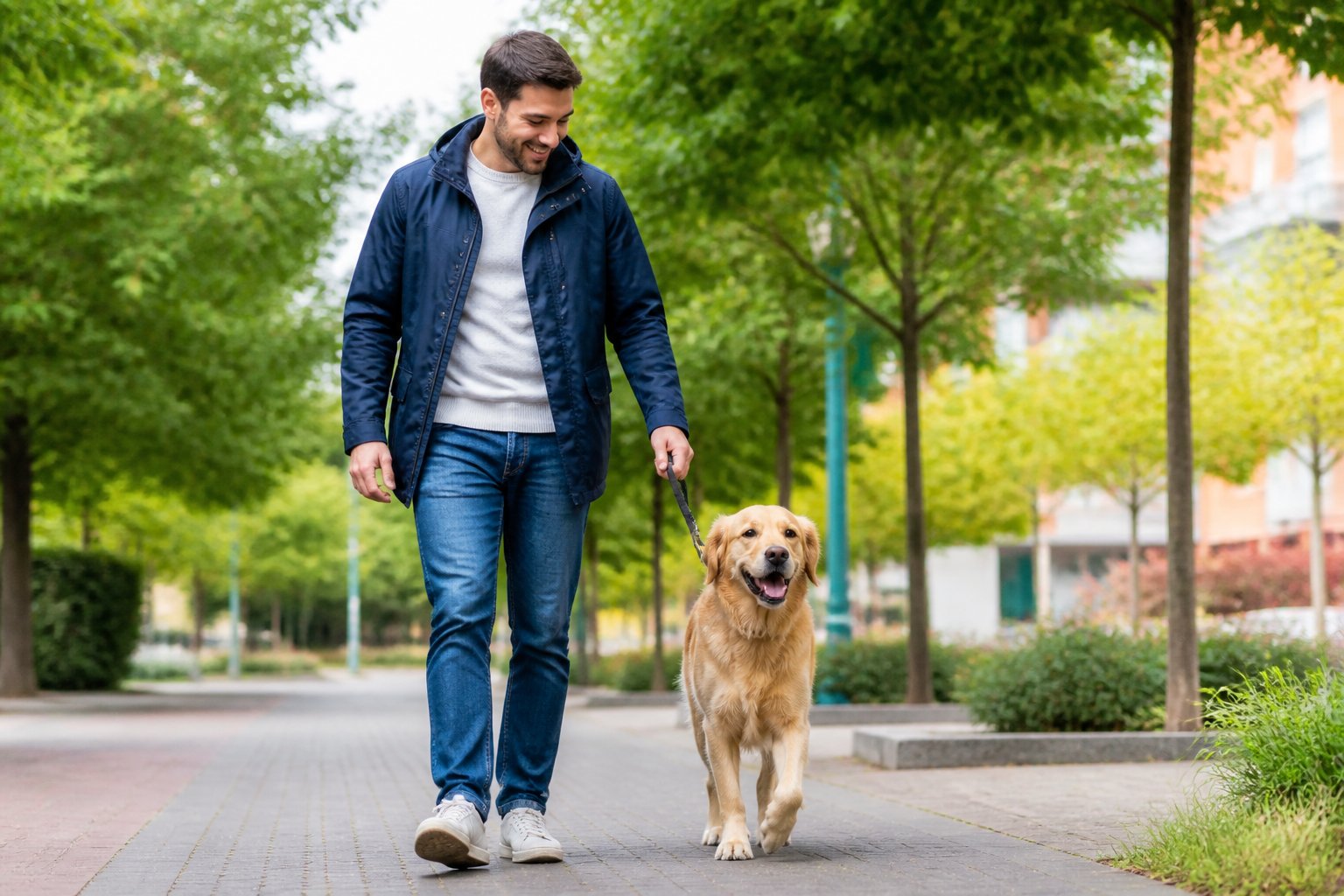 A person walking several dogs on leashes along a tree-lined path in a city park.