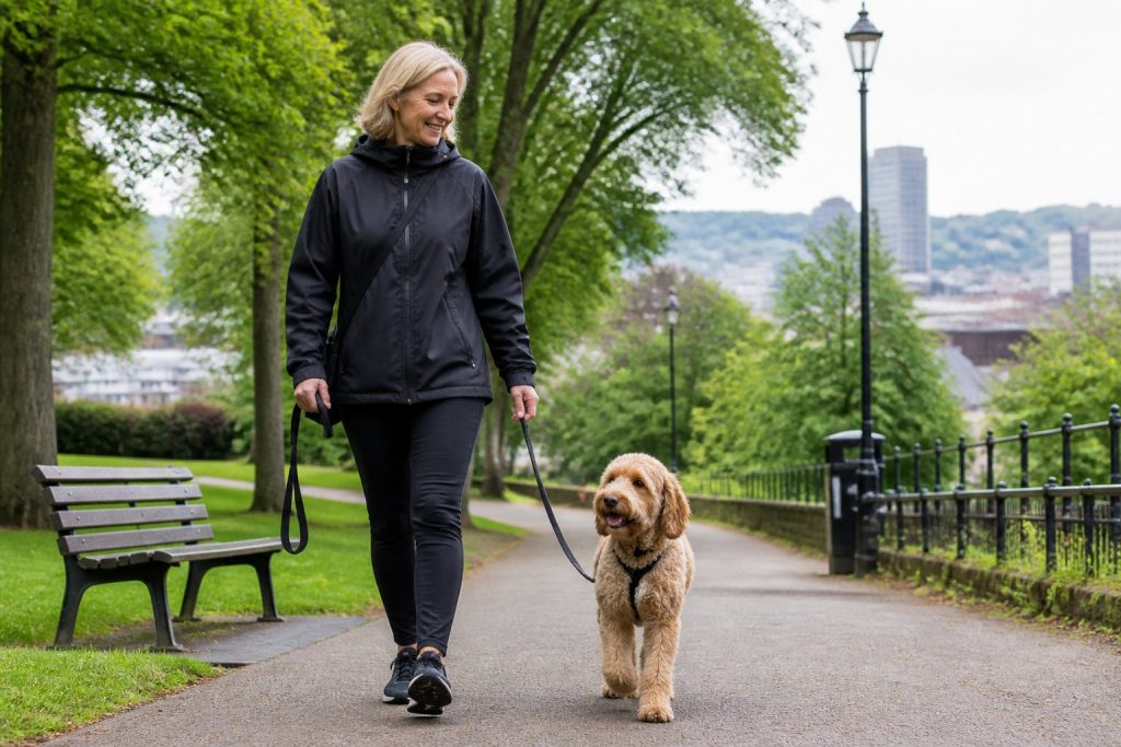 A person walking a dog alone in a green urban park with trees and paths.