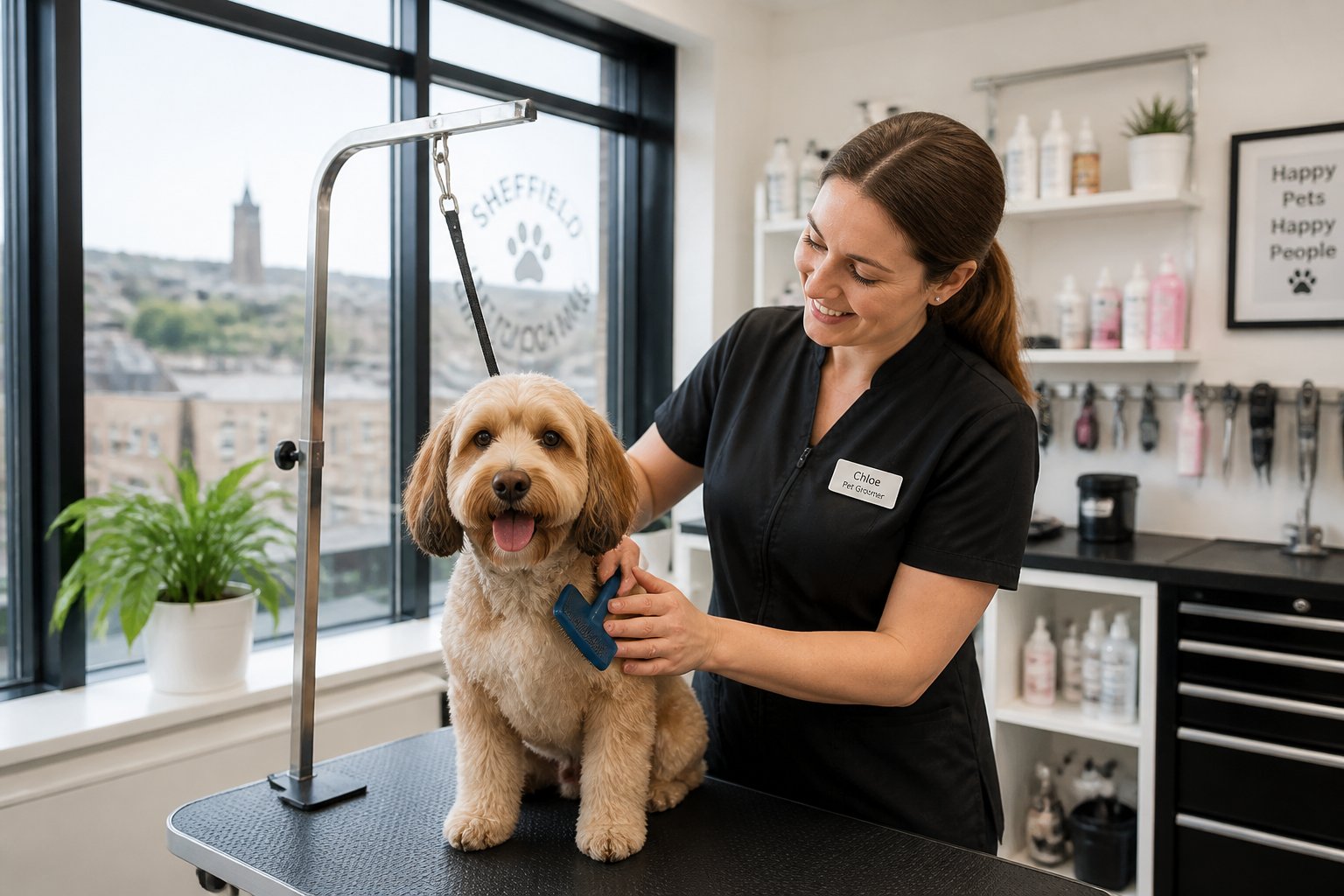 A dog groomer gently grooming a calm dog on a table inside a clean grooming salon.