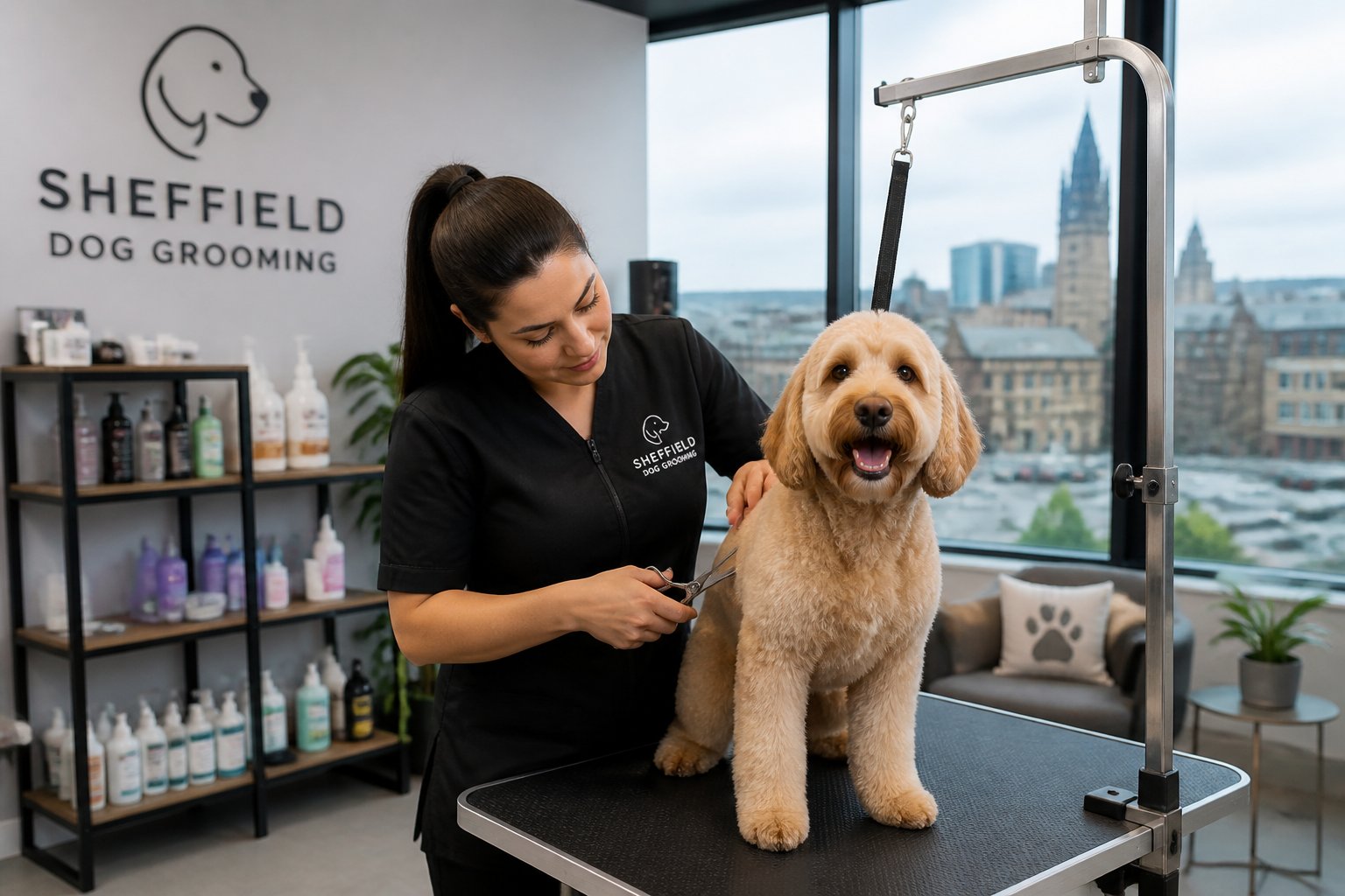 A dog groomer trimming a dog on a grooming table inside a clean, modern salon with shelves of pet products and a city view through the window.