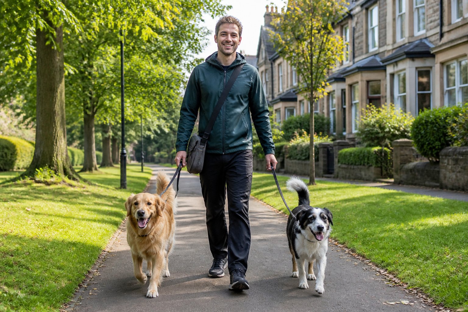 A person walking two dogs along a tree-lined path in a residential area of Sheffield.