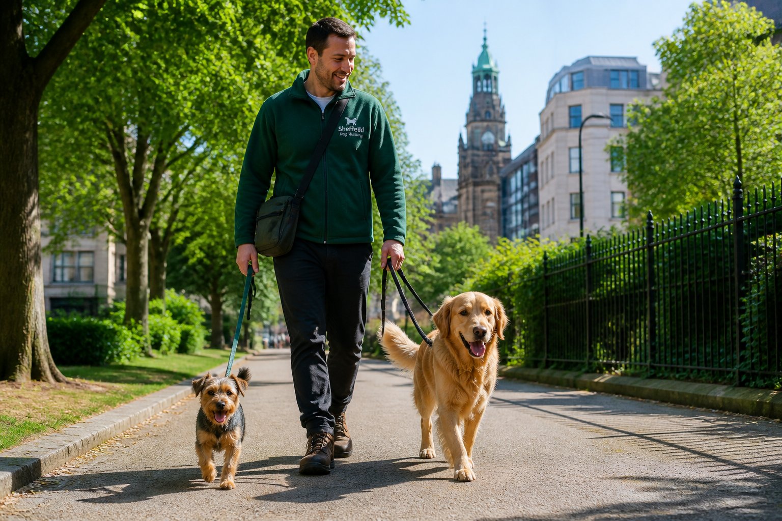 A person walking two dogs on leashes along a tree-lined urban park path with buildings in the background.