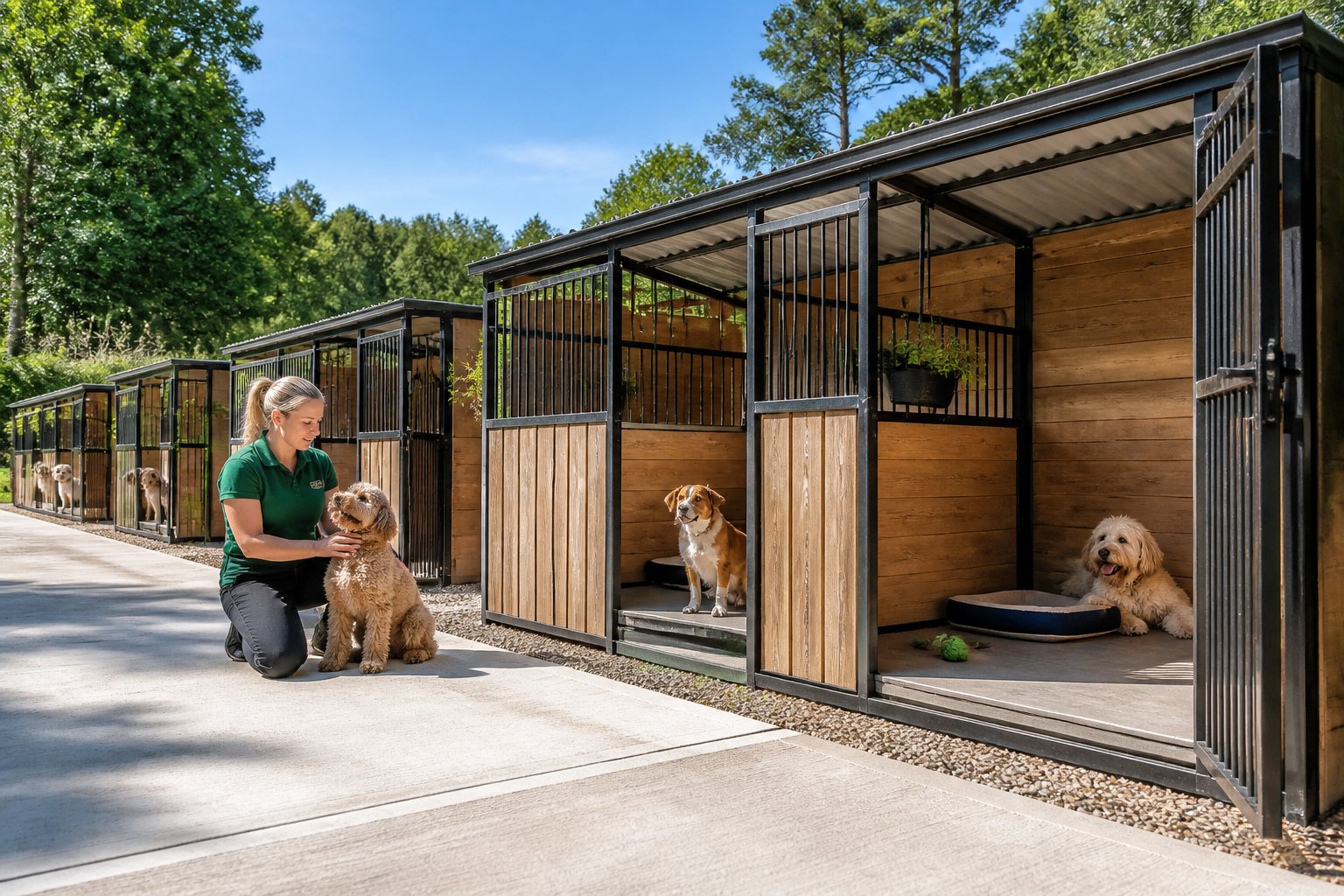 Outdoor dog kennels with several dogs resting inside and a caretaker attending to one of them in a green, natural setting.