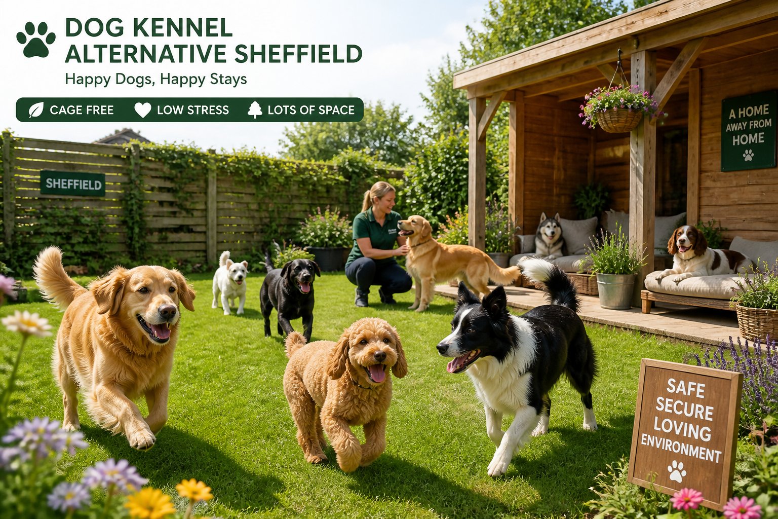 Several dogs playing happily in a spacious garden with a wooden shelter and a person caring for them outdoors.