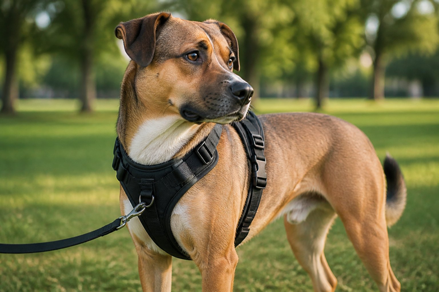 A medium-sized dog wearing a secure harness standing calmly outdoors on grass.