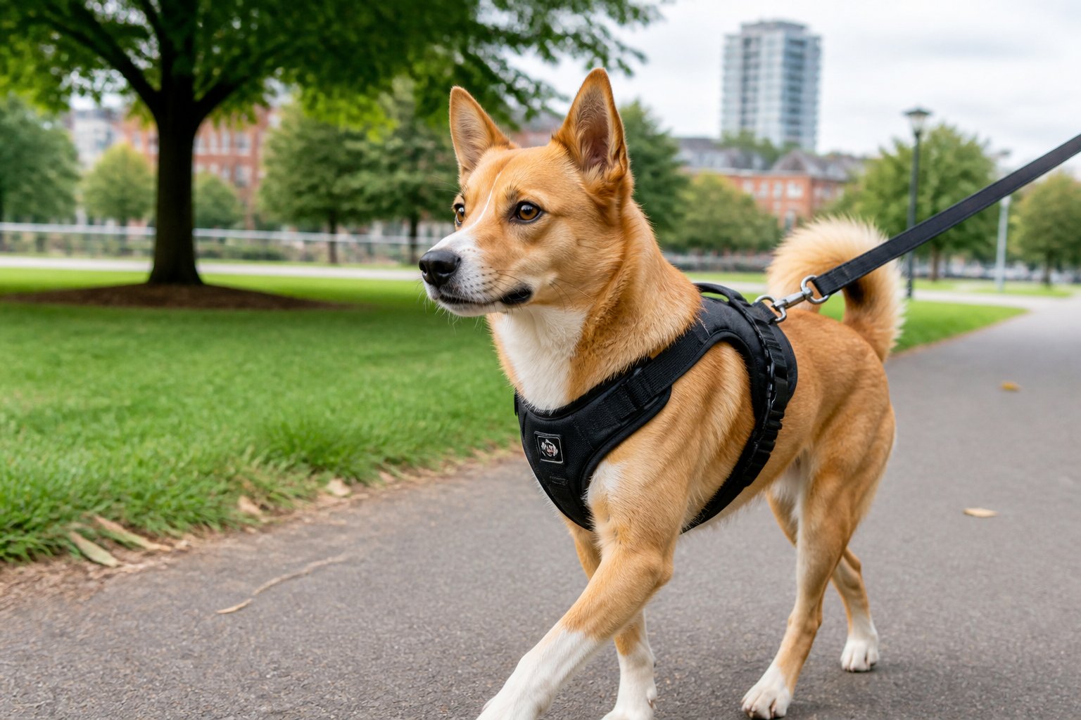 A medium-sized dog wearing a secure harness walking on a leash in a green park area in Sheffield.