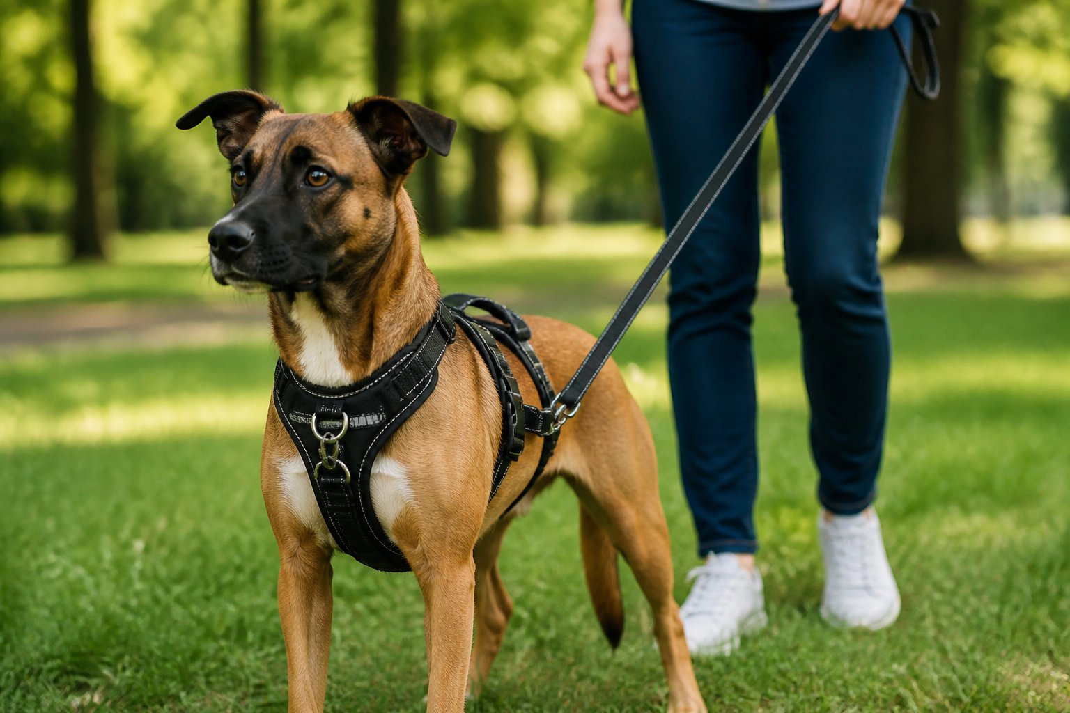 A medium-sized dog wearing a secure harness standing calmly outdoors with a person holding its leash.