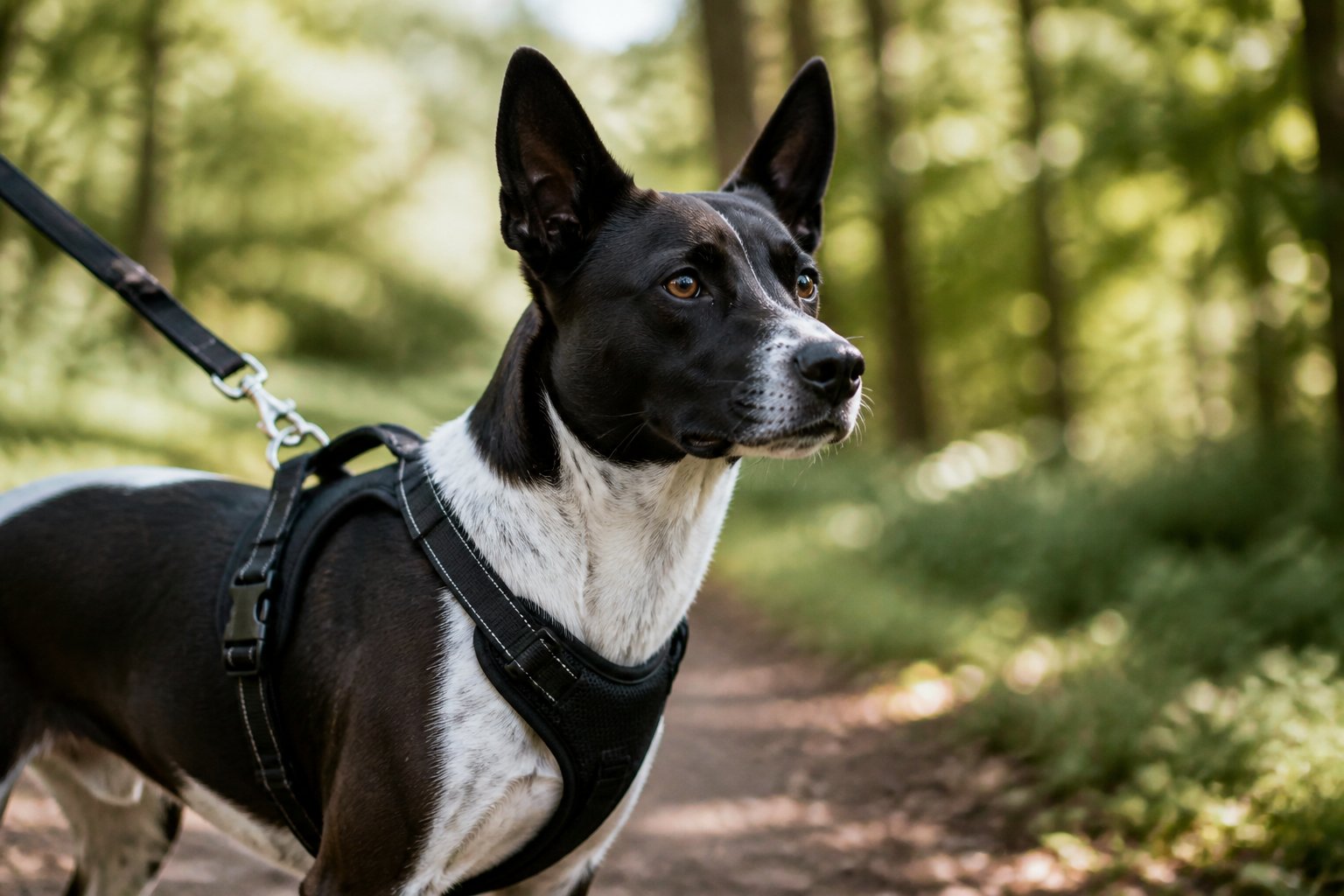 A medium-sized dog wearing a secure harness on a walk in a park, showing alert and attentive body language.