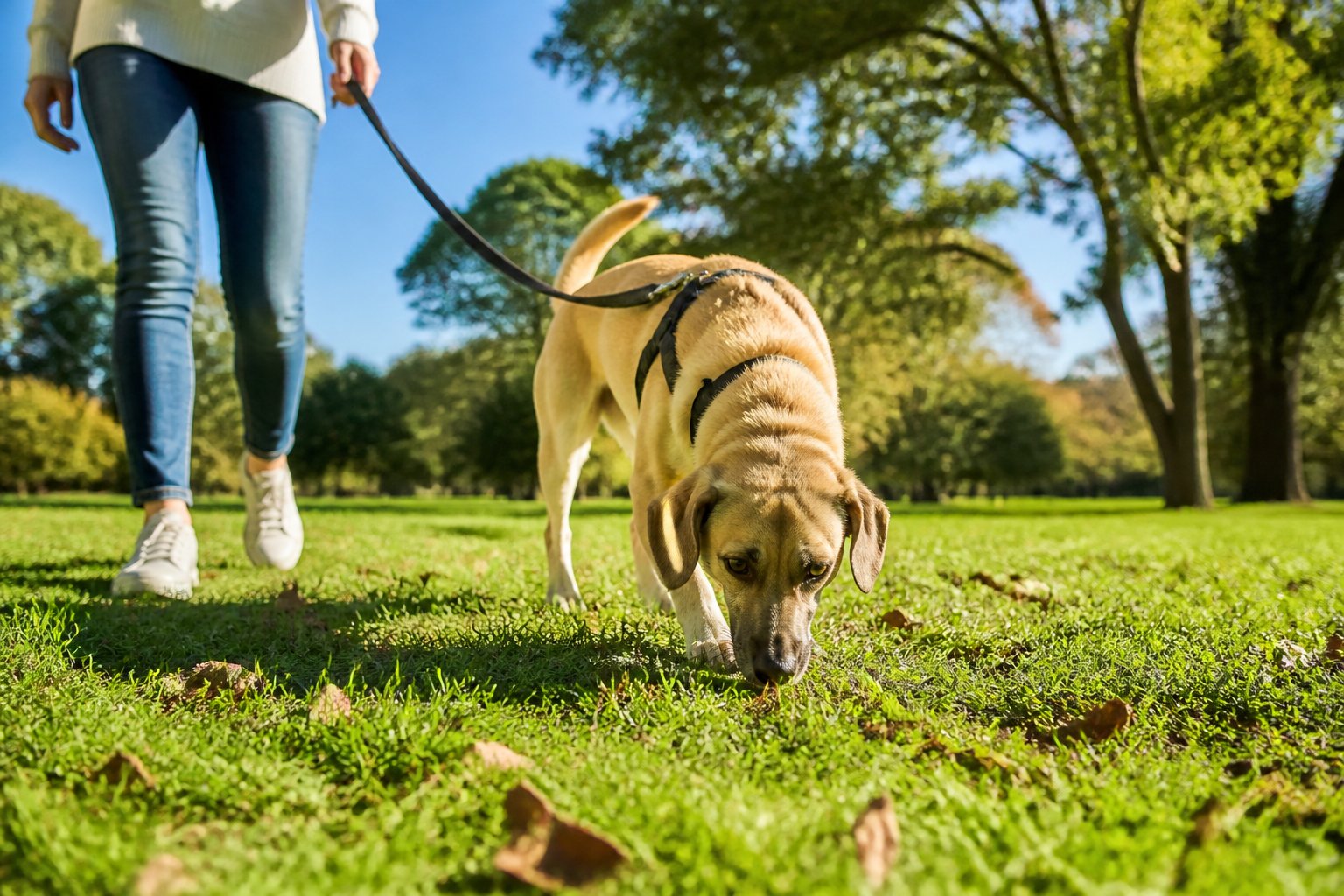 A dog sniffing the ground on a walk in a green park with a person holding its leash.