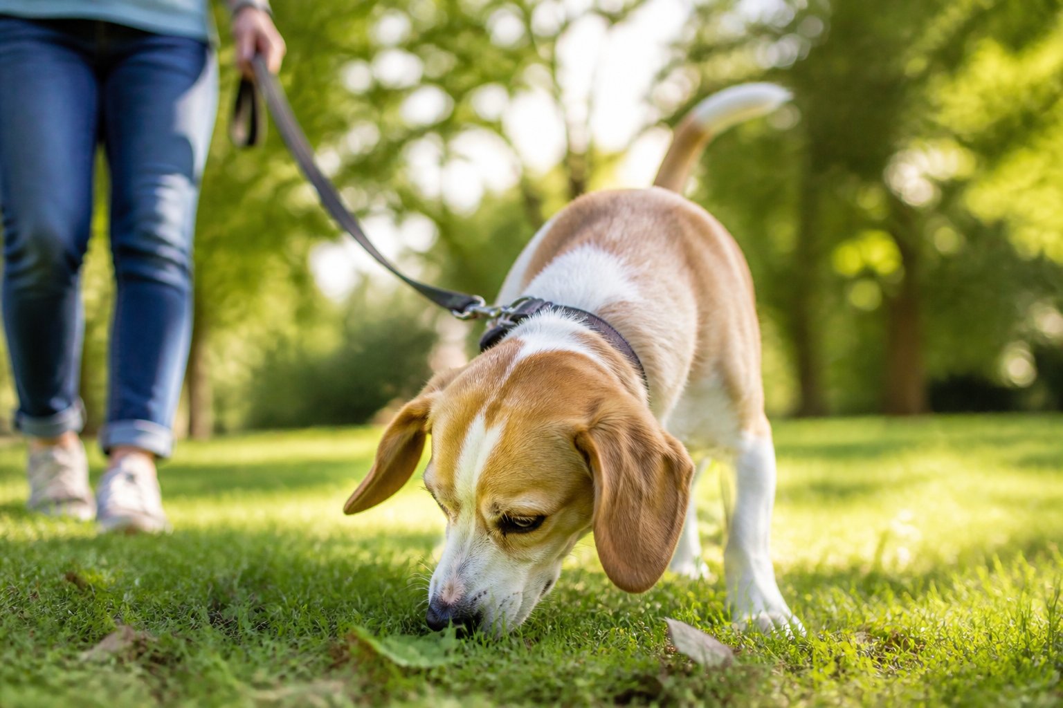 A calm dog sniffing grass during a walk in a green park with a leash held by its owner.