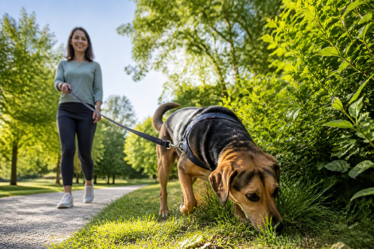 A dog sniffing the grass along a park path while being walked by a person holding its leash.