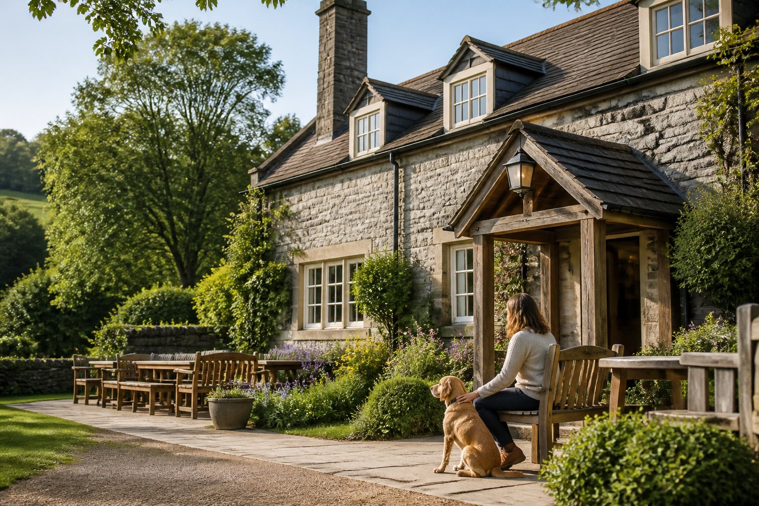 A dog and its owner outside a traditional country inn surrounded by green countryside.