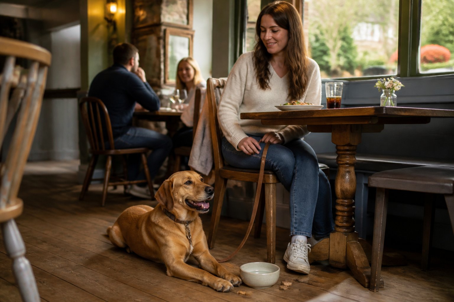 A dog rests beside its owner at a welcoming pub restaurant table.