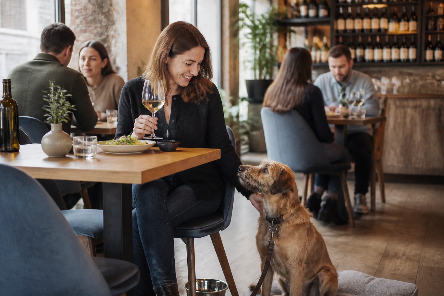 A dog rests beside its owner at a table in a welcoming wine bar.