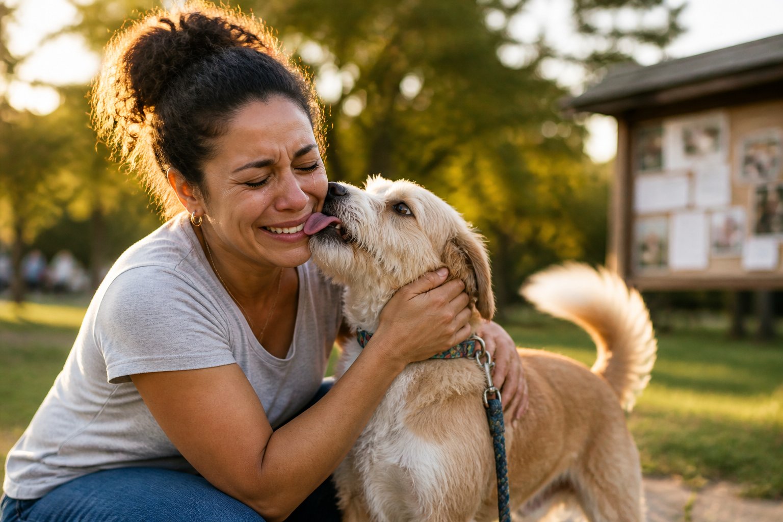Woman reunited with lost dog.