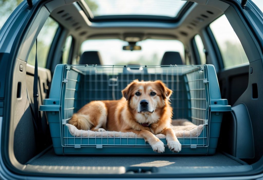 dog in crate in pet taxi