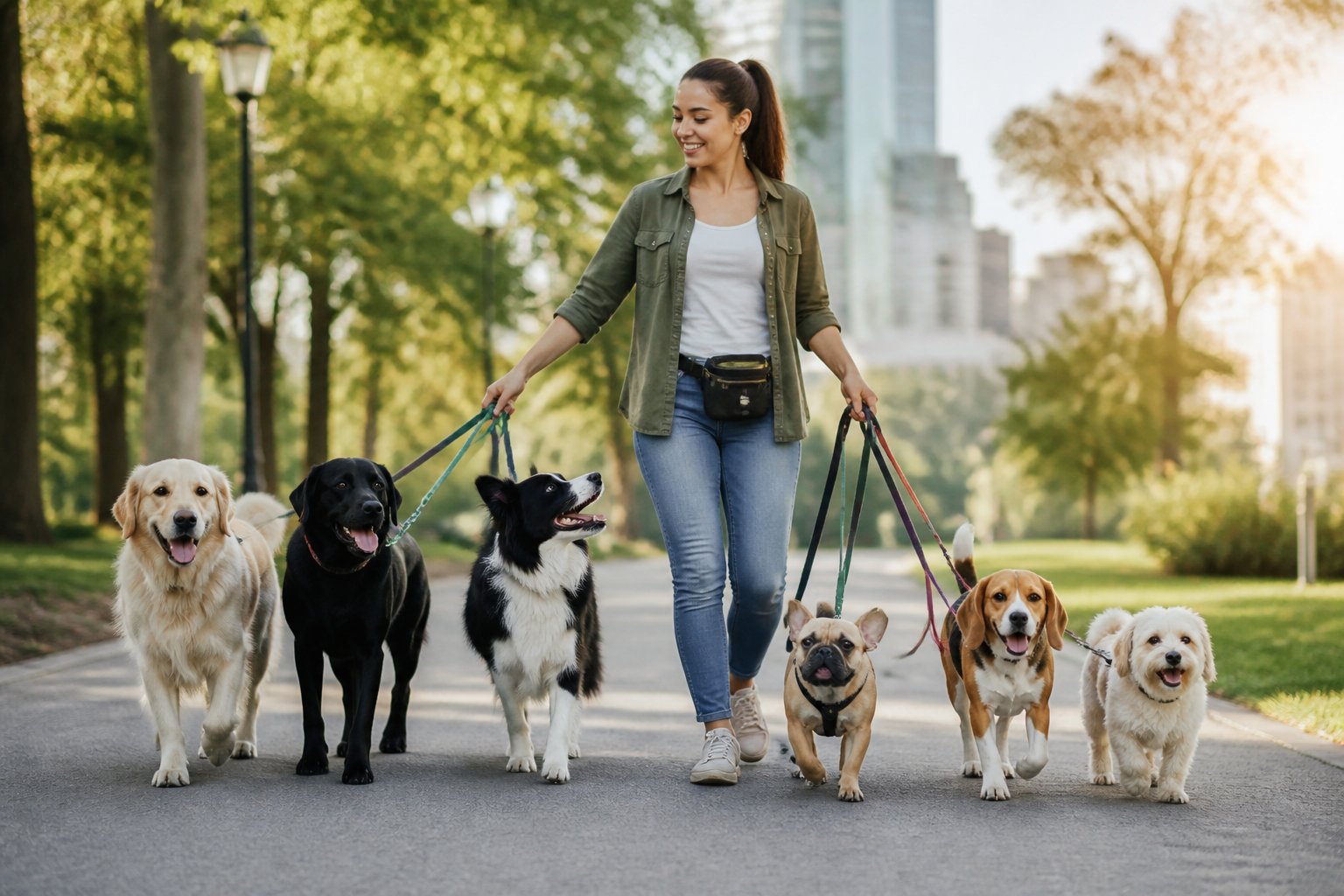 dog walker with 6 dogs.