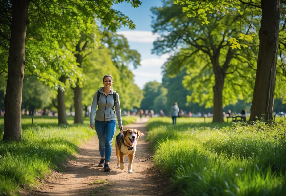 A person walking a dog on a tree-lined trail in a green park on a sunny day.