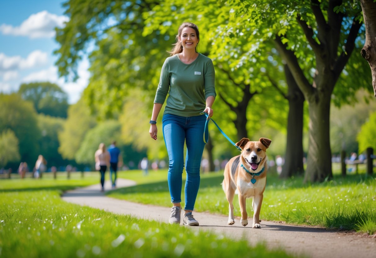 A person walking a happy rescue dog on a sunny day in a green park with trees and grass.
