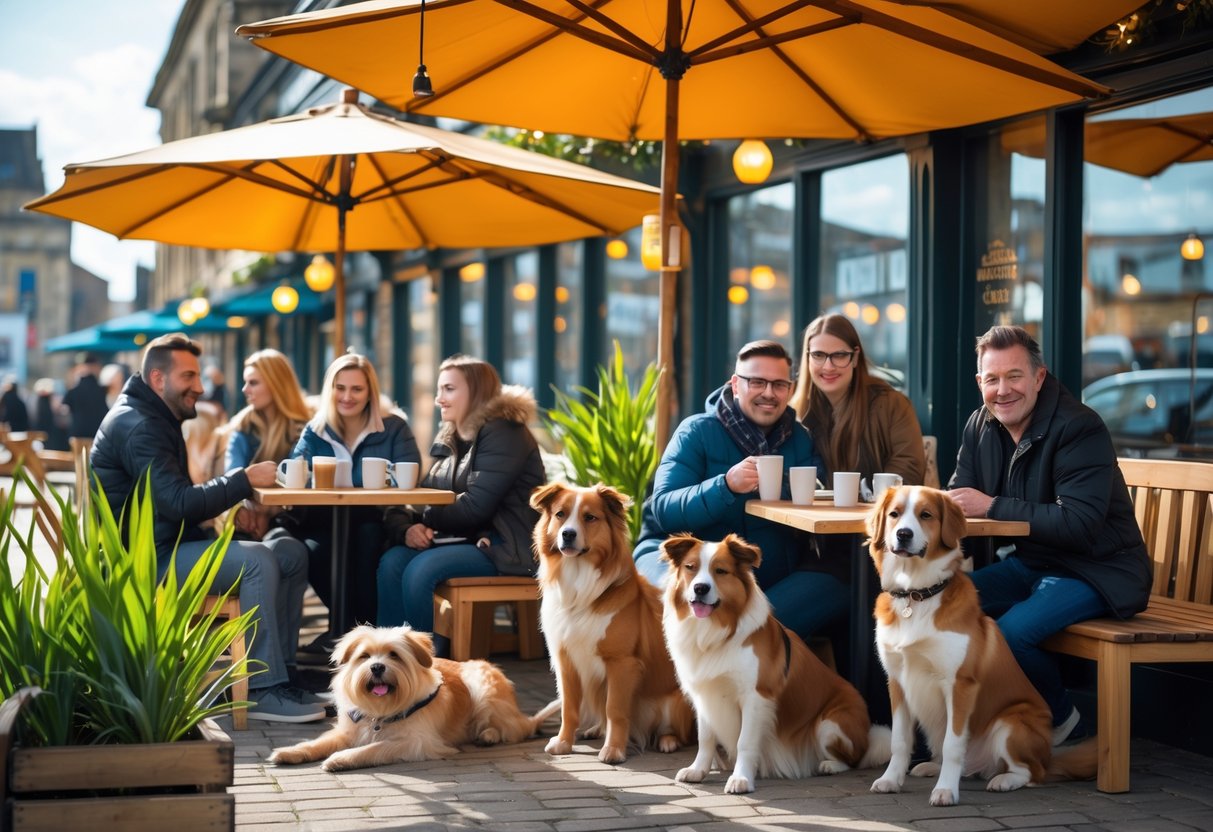 People enjoying coffee outdoors at a cafe with dogs sitting calmly beside them on a sunny day.