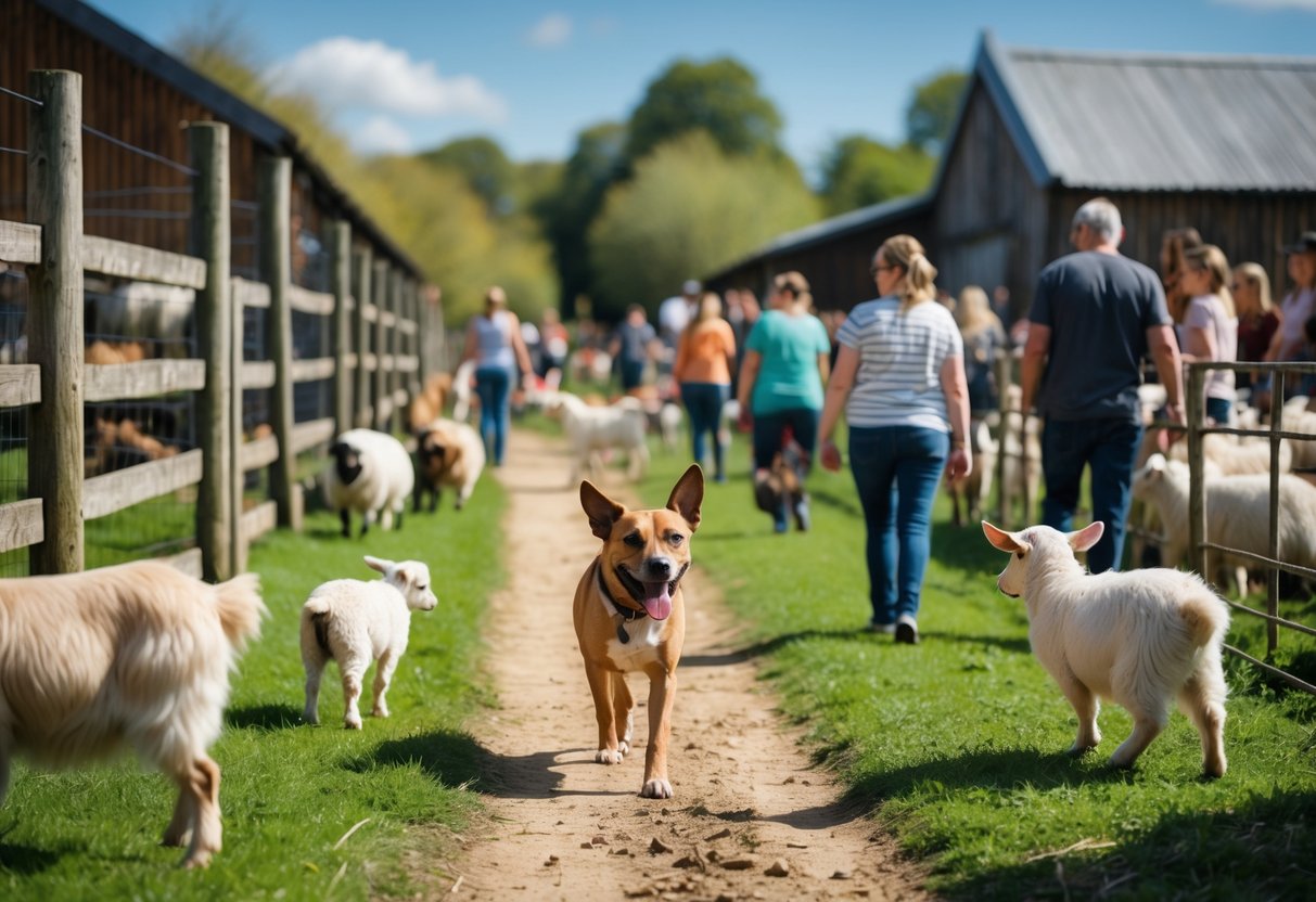 A dog exploring a farm with goats, sheep, and people enjoying a sunny day outdoors at Heeley City Farm in Sheffield.
