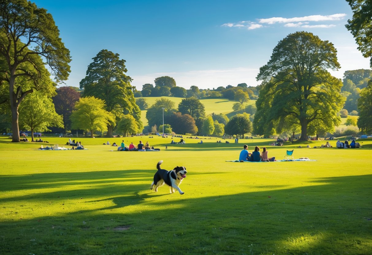 A sunny park scene with a dog running freely and people having picnics on the grass at Graves Park in Sheffield.