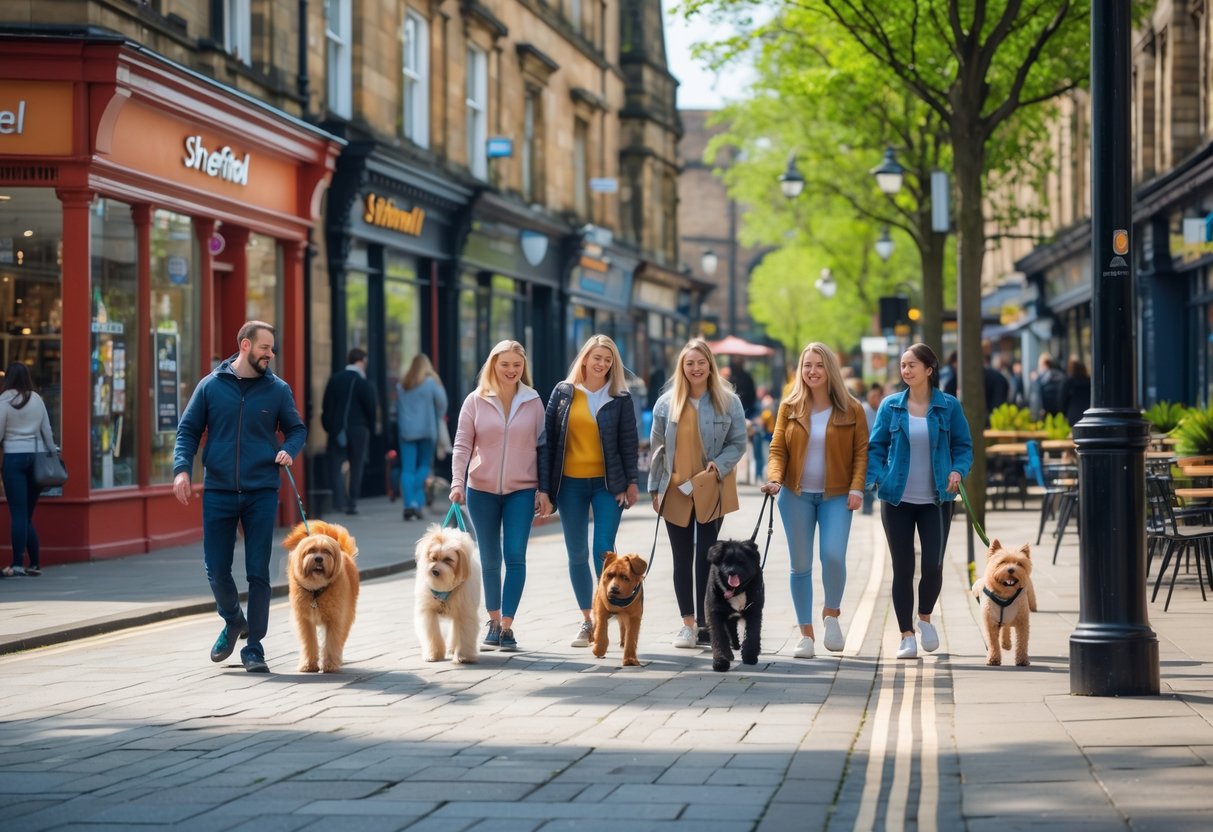 People walking dogs along a tree-lined street with shops and outdoor seating in Sheffield city centre on a sunny day.